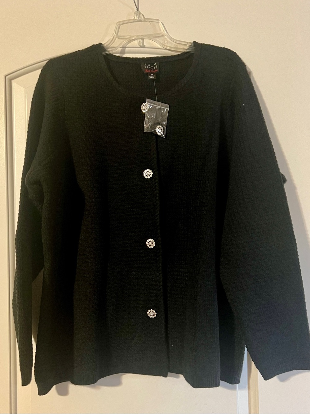 Joan Rivers Black Button-Front Knit Cardigan with Rhinestone Buttons